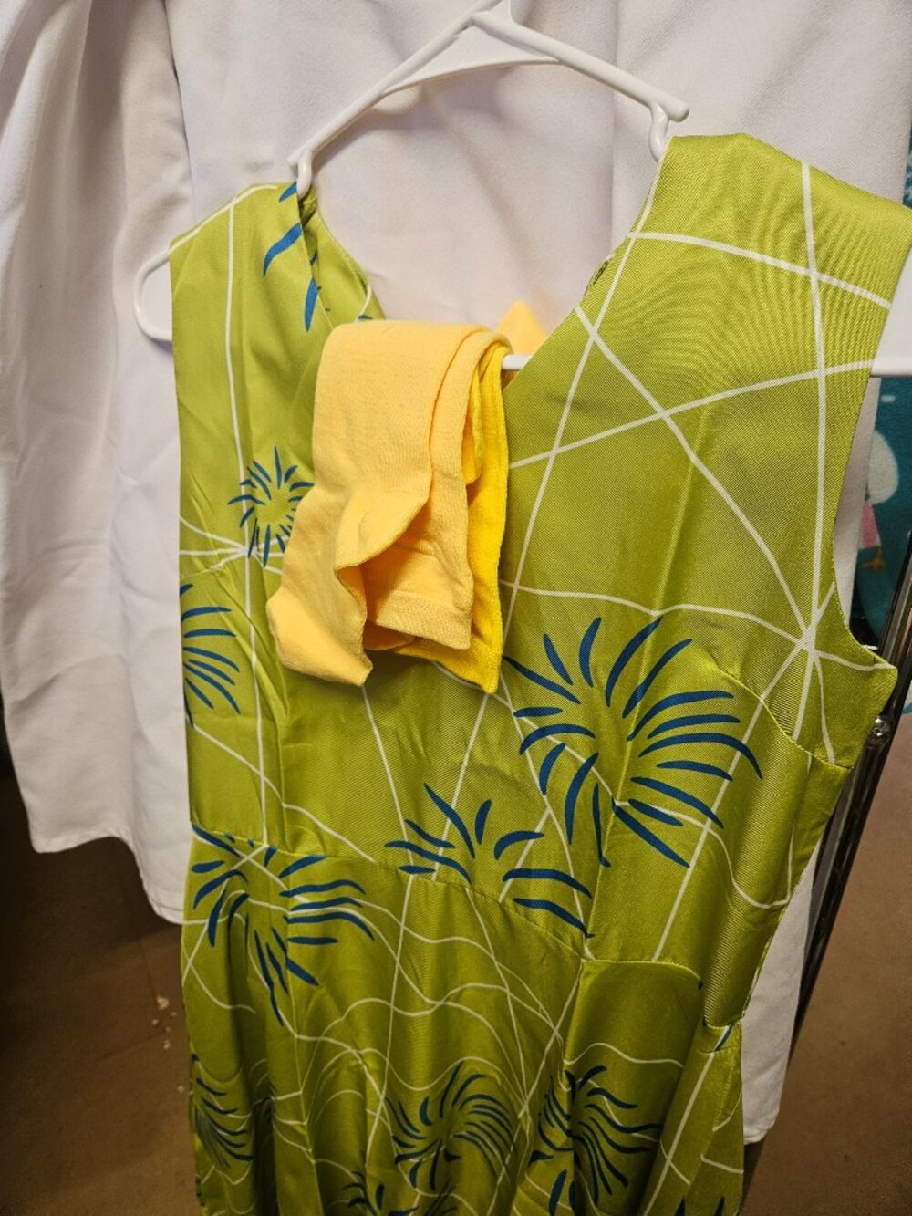 Green Sleeveless Dress with Blue Floral Print & Long Yellow Socks Size M